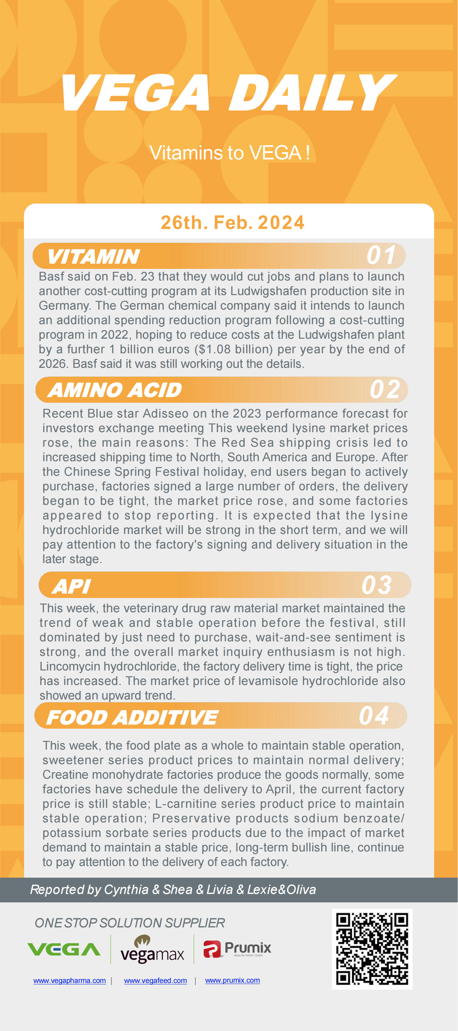 Vega Daily Dated on Fab 26th 2024 Vitamin Amino Acid APl Food Additives.png